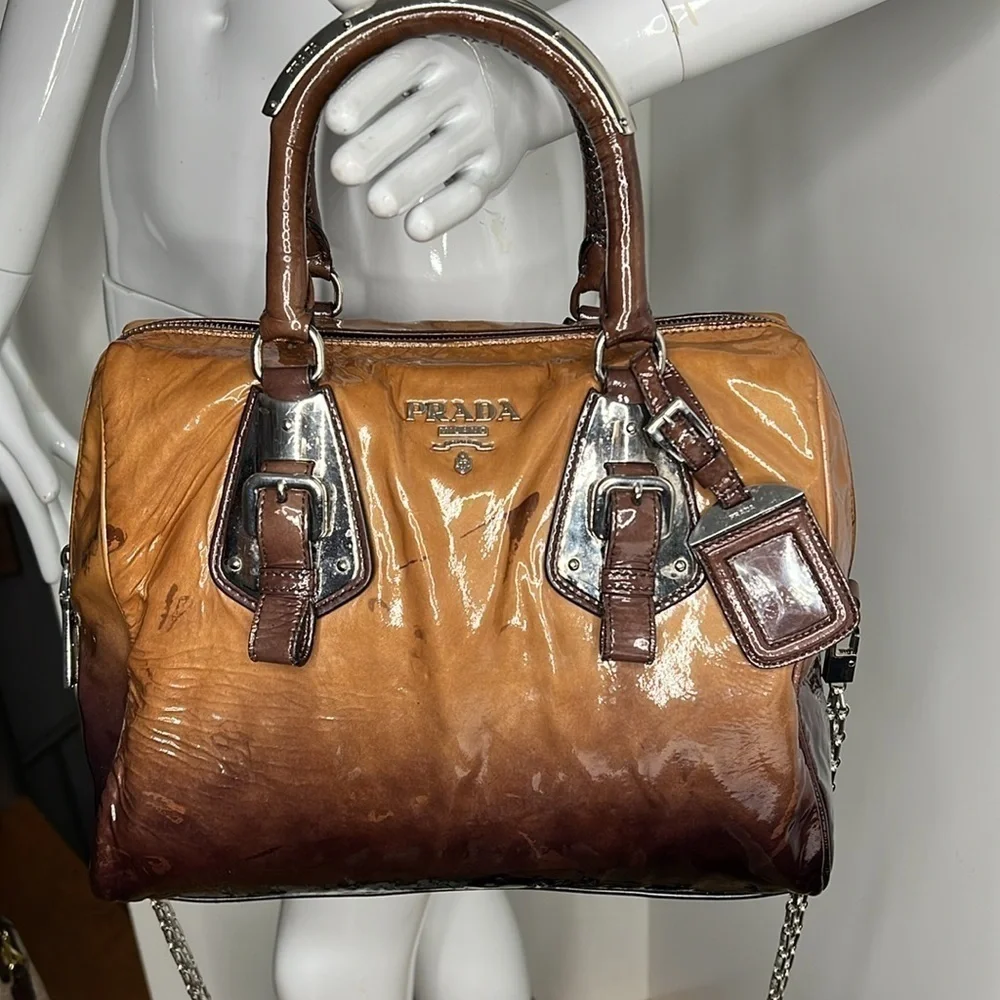 Prada Brown Vernice Sfumata Ombré Patent Leather Satchel Crossbody Bag